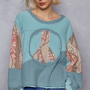 POL Terry Patchwork Lace Peace Sign Mixed Media Blue Long Sleeve Sweatshirt•M